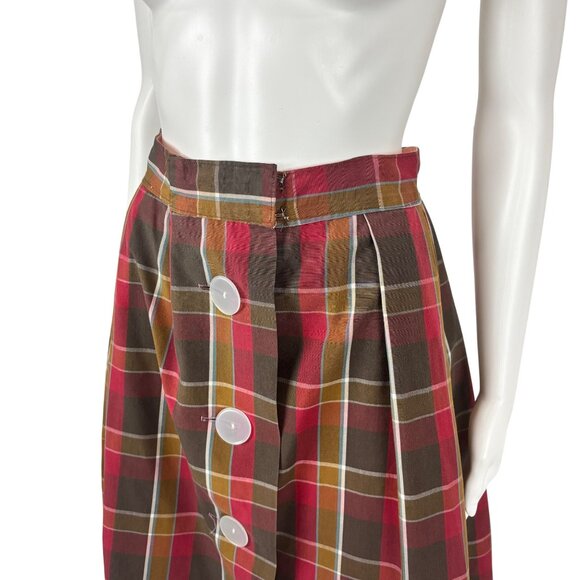 Vintage 50s Plaid Skirt Womens Size XS Button Up Front Brown Red Academia Cotton - Picture 4 of 9